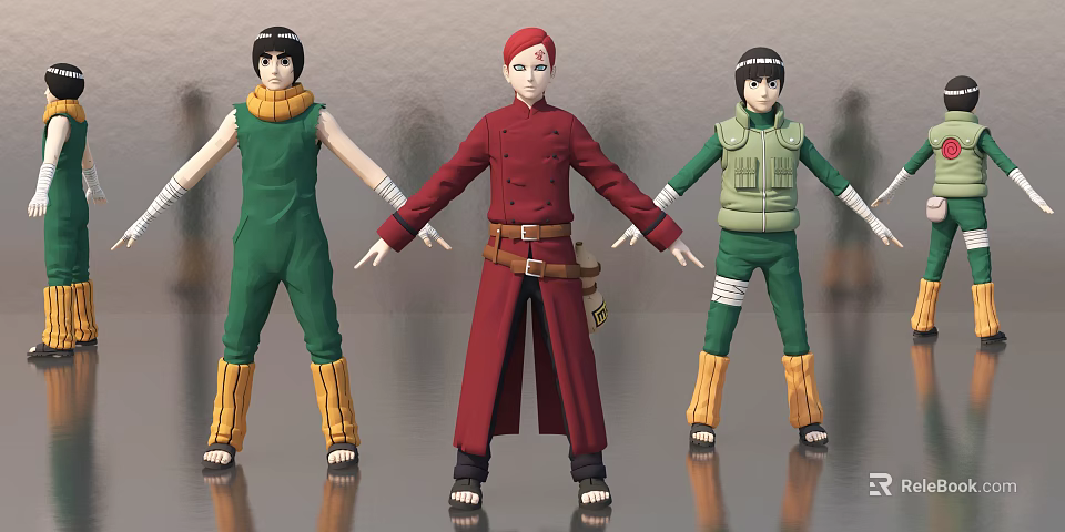 Three Anime Game Characters In Green Red Outfits With Traditional Costumes 3d model 
