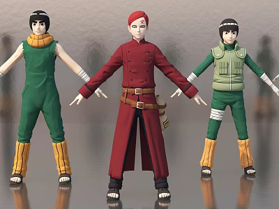 Three Anime Game Characters In Green Red Outfits With Traditional Costumes 3d model