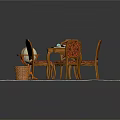 Traditional Wooden Dining Table With Carved Chairs Colorful Patterned Rug And Small Side Table