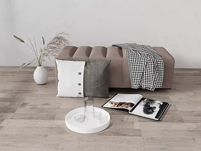 Cozy Footstool With Checkered Blanket Pillows Dried Grass Vase And Magazines In Living Room 3d model