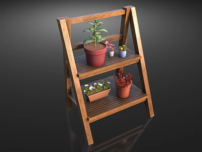 Wooden Three Tier Plant Stand Displaying Potted Plants For Garden Decor 3d model