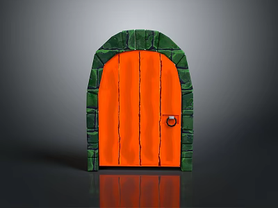 Arched Orange Wooden Door With Green Brick Frame And Metal Knob 3d model