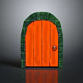 Arched Orange Wooden Door With Green Brick Frame And Metal Knob
