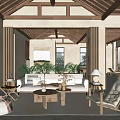 Quiet Ancient Log Lobby Sofa Coffee Table Combination Single Leisure Chair Log Ceiling Green Planting 3d model