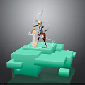 Blonde Haired Character With Creature On Green Block Platform Blue Top Red Pants White Aura