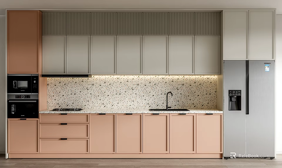 Modern Minimalist Kitchen Interior With Speckled Countertop Drawers And Light Toned Cabinets 3d model 
