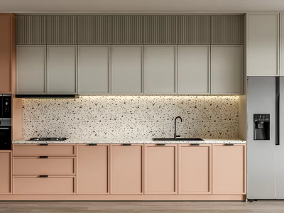 Modern Minimalist Kitchen Interior With Speckled Countertop Drawers And Light Toned Cabinets 3d model