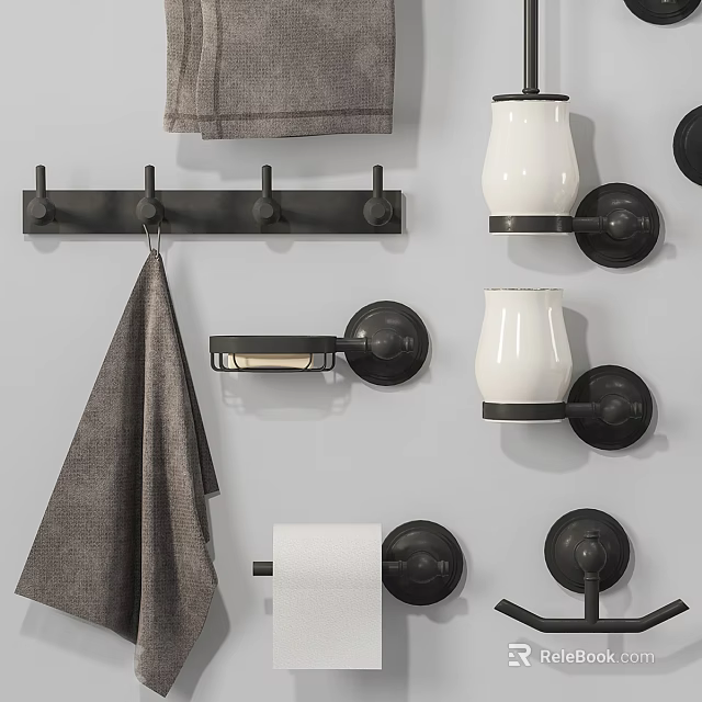 Wall Mounted Daily Washing Accessories With Black Metal Towel Rack And Paper Holder 3d model 