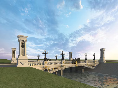 European Style Stone Bridge With White Pillars Black Street Lamps And River Below Green Grass 3d model