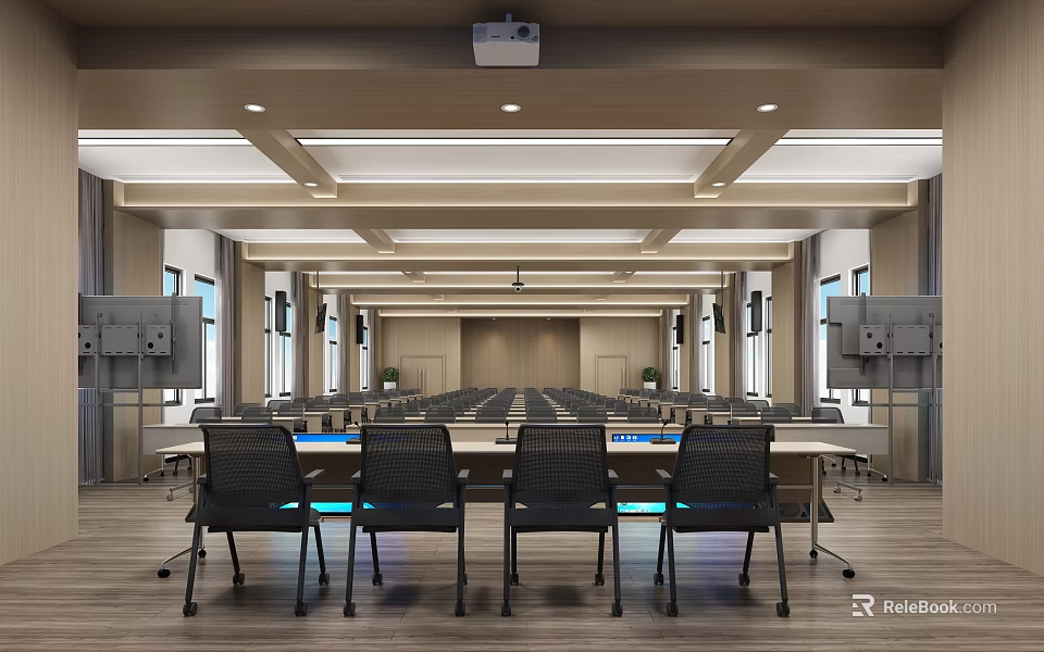 Conference Room Interior Design With Arranged Tables Chairs Projector Wooden Ceiling And Flooring 3d model 