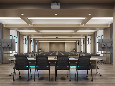 Conference Room Interior Design With Arranged Tables Chairs Projector Wooden Ceiling And Flooring 3d model