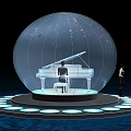 Game Movie Character Transparent Sphere With White Piano And Black Person On Dark Water Platform