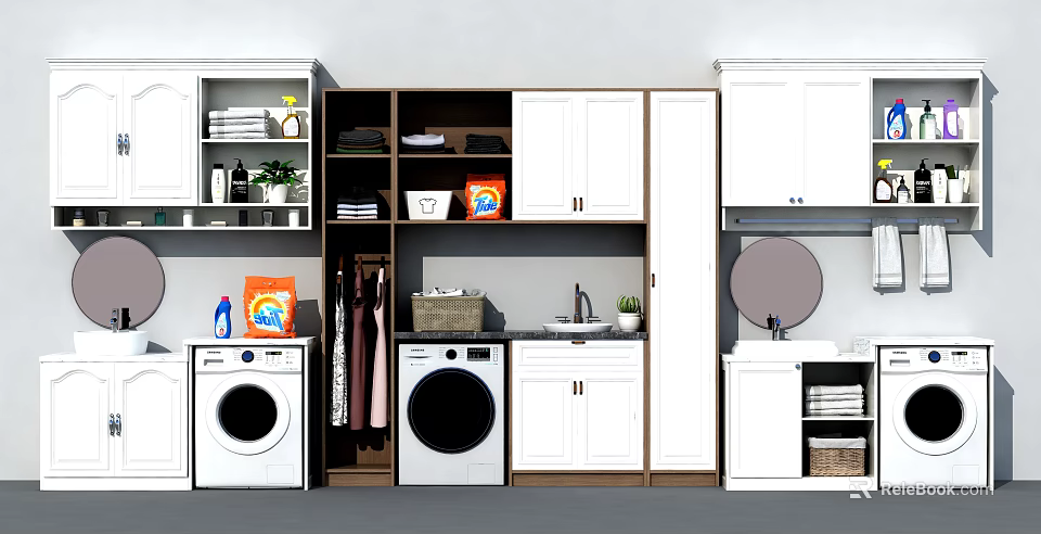 Practical Bathroom Cabinet Rack With Washing Machine Clothes Storage Sink And Mirror 3d model