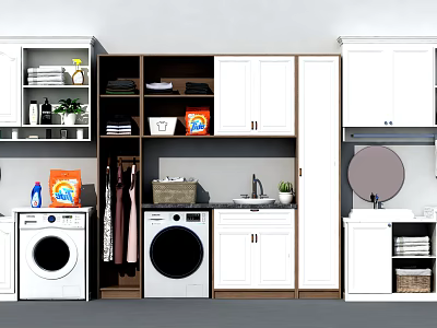 Practical Bathroom Cabinet Rack With Washing Machine Clothes Storage Sink And Mirror 3d model