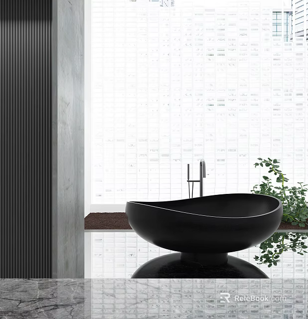 Black Freestanding Bathtub In Modern Bathroom With Large Window And Green Plant 3d model 