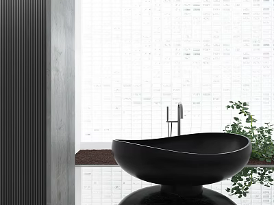 Black Freestanding Bathtub In Modern Bathroom With Large Window And Green Plant 3d model