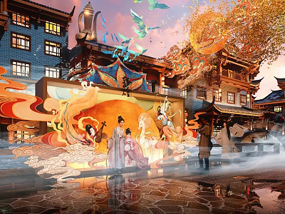 Traditional Commercial Landscape With Ancient Architecture Phoenix Decorations Evening Lighting And Misty Atmosphere 3d model