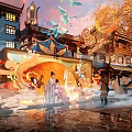 Traditional Commercial Landscape With Ancient Architecture Phoenix Decorations Evening Lighting And Misty Atmosphere