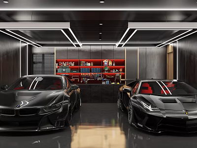 Luxury Parking Garage With Two Black Sports Cars And Red Shelves Modern Interior 3d model