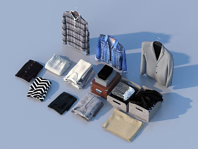 Assorted Clothes Collection Including Plaid Shirt Denim Jacket And Folded Apparel In Storage Baskets 3d model