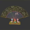 Traditional Chinese Fan With Black Frame Blue Surface White Patterns And Wooden Stand