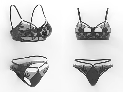 Women's Black Lace Lingerie Set With Floral Pattern Bra And Stylish Panties 3d model