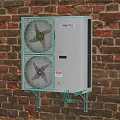 Air Conditioner Fan Outdoor Unit Mounted on Red Brick Wall Exterior