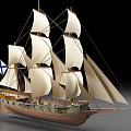 Sailing Ship Model With White Sails Wooden Brown And Green Hull And Blue Cross Flag