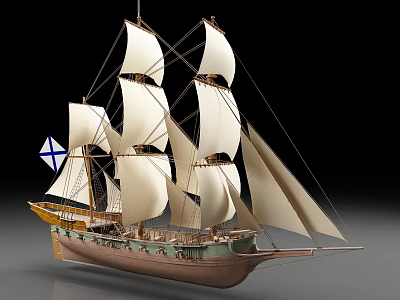 Sailing Ship Model With White Sails Wooden Brown And Green Hull And Blue Cross Flag 3d model