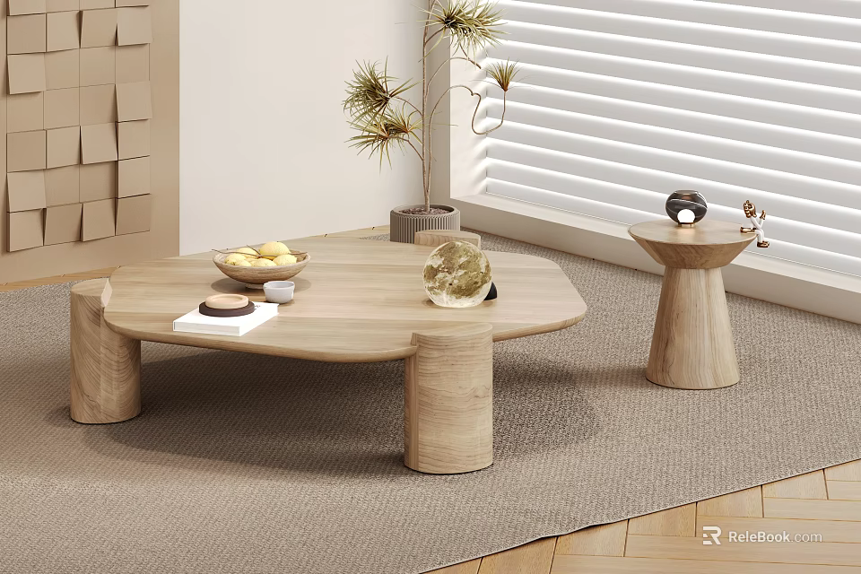 Modern Wooden Coffee Table With Cylindrical Legs Side Table Fruit Bowl Glass And Plant 3d model 