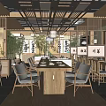 Modern Chinese Restaurant Interior With Wooden Dining Tables Chairs Green Plants Pendant Lights And Partitions