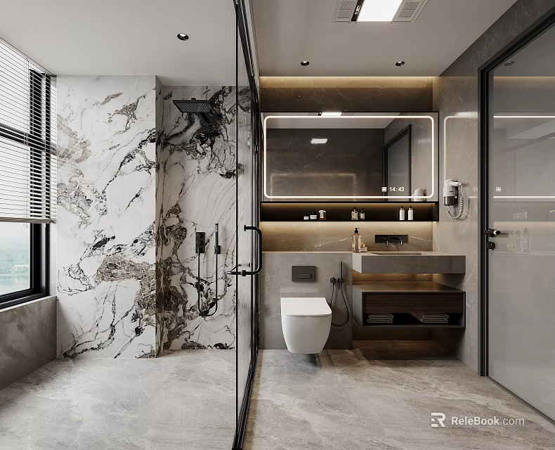 Modern Bathroom Interior With Marble Walls Glass Partition Smart Toilet Vanity And Lighting Design 3d model 