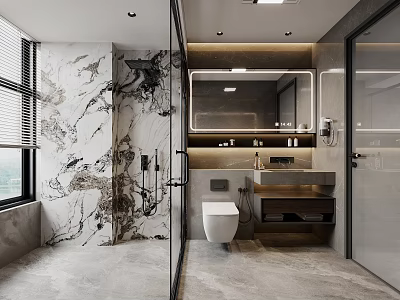 Modern Bathroom Interior With Marble Walls Glass Partition Smart Toilet Vanity And Lighting Design 3d model