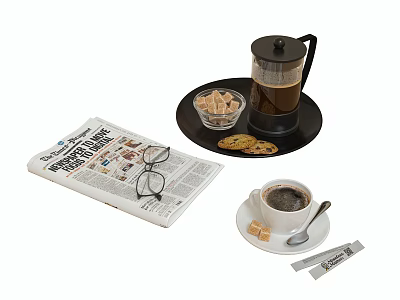 Morning Coffee Cup With French Press Sugar Cubes Cookies Newspaper And Eyeglasses 3d model