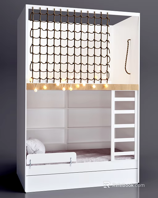 Modern Bunk Bed With White Ladder Storage Shelves Net And String Lights 3d model