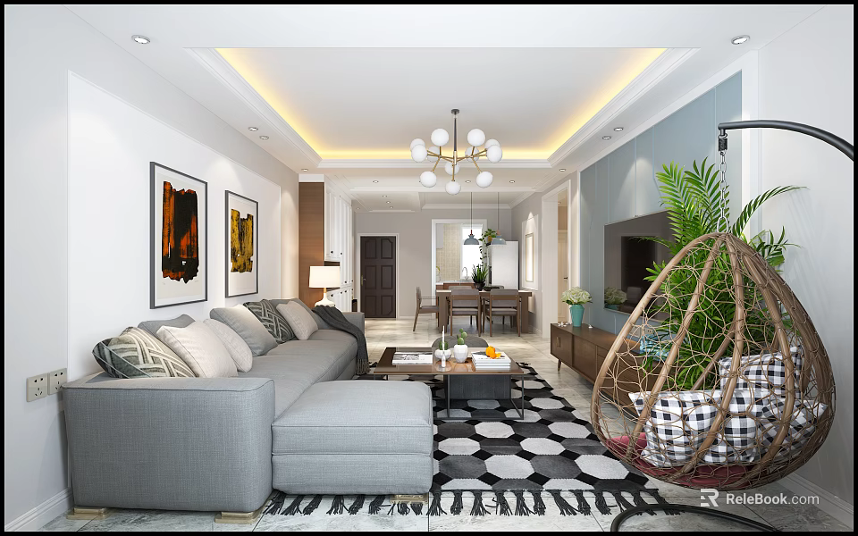 Modern Living And Dining Room Interior With Grey Sofa Geometric Rug And Chandelier 3d model 