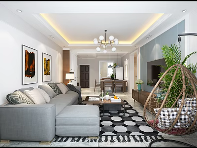 Modern Living And Dining Room Interior With Grey Sofa Geometric Rug And Chandelier 3d model
