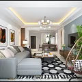 Modern Living And Dining Room Interior With Grey Sofa Geometric Rug And Chandelier