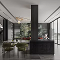 Modern Restaurant Interior With Large Windows Black Cabinets Red Chairs And Circular Pendant Lights