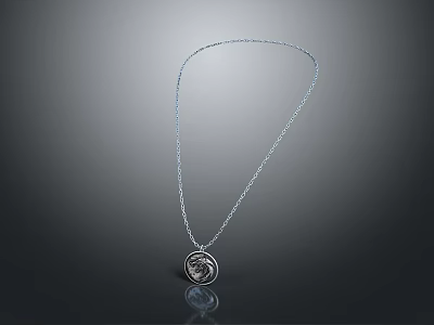 Silver Necklace with Round Patterned Pendant and Shiny Thin Chain on Dark Background with Reflection 3d model