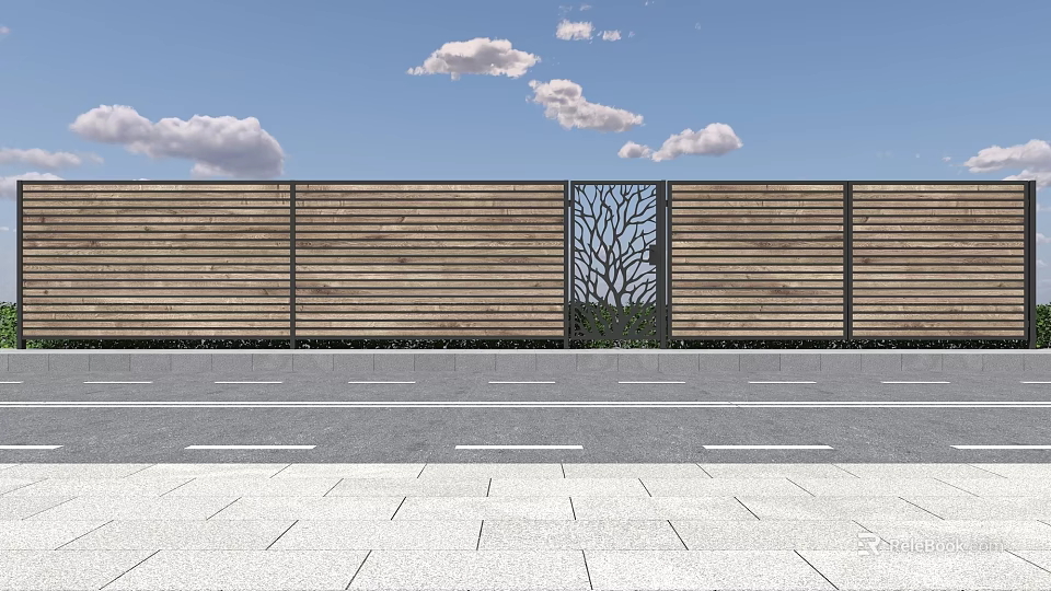 Modern Wooden Fence With Decorative Tree Cutout Against Blue Sky And Clouds 3d model 