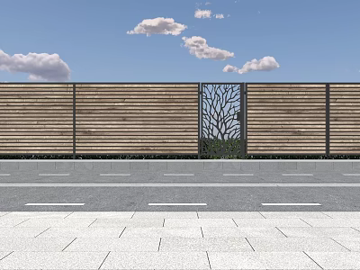 Modern Wooden Fence With Decorative Tree Cutout Against Blue Sky And Clouds 3d model