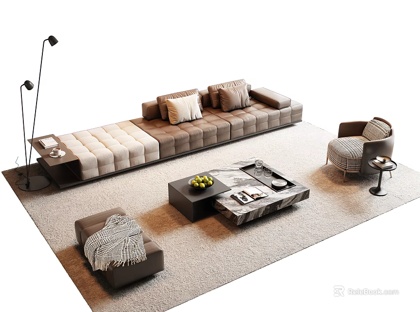 Modern Sofa Coffee Table Set With Pillows Fruit Magazines And Area Rug 3d model