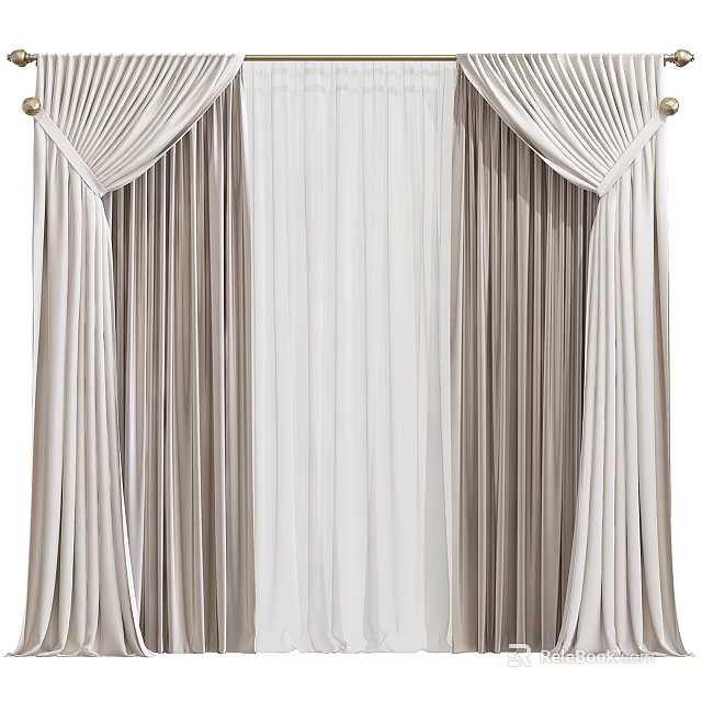 Elegant Beige Curtain Design With Pleated Details And Decorative Finials 3d model 