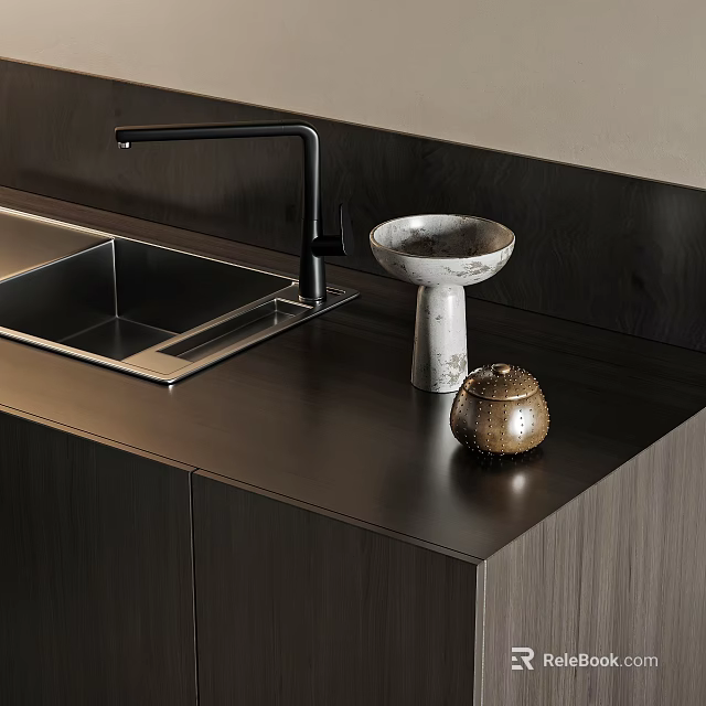 Stainless Steel Modern Kitchen Sink with Black Faucet on Dark Countertop in Contemporary Kitchen Interior 3d model 