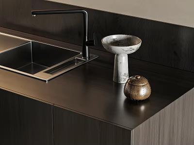 Stainless Steel Modern Kitchen Sink with Black Faucet on Dark Countertop in Contemporary Kitchen Interior 3d model