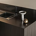 Stainless Steel Modern Kitchen Sink with Black Faucet on Dark Countertop in Contemporary Kitchen Interior