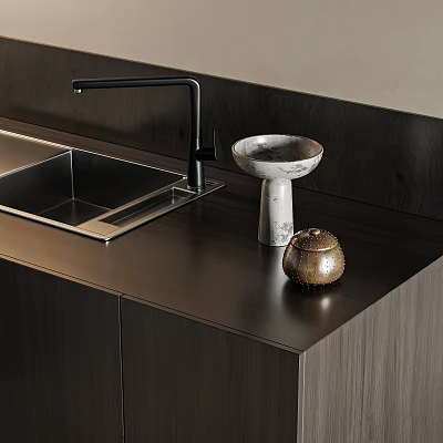 Stainless Steel Modern Kitchen Sink with Black Faucet on Dark Countertop in Contemporary Kitchen Interior 3d model