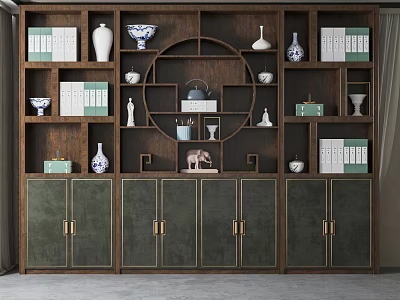 Chinese Style Wooden Decorative Cabinet With Green Doors And Shelves Holding Vases Teapot Books 3d model
