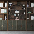Chinese Style Wooden Decorative Cabinet With Green Doors And Shelves Holding Vases Teapot Books